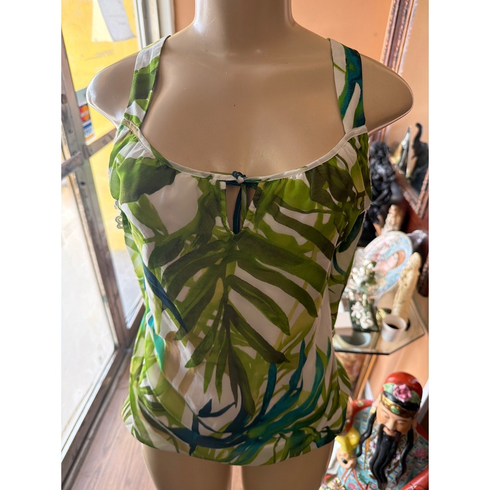 Chicos Tropical Palm Leaf Cold Shoulder Top Green‎ White Crochet Trim Petite 1 L